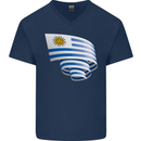 Curled Uruguay Flag Uruguayan Day Football Mens V-Neck Cotton T-Shirt Navy Blue