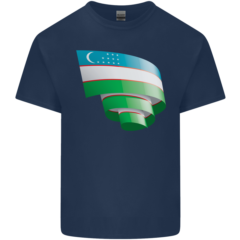 Curled Uzbekistan Flag Ukbek Day Football Mens Cotton T-Shirt Tee Top Navy Blue