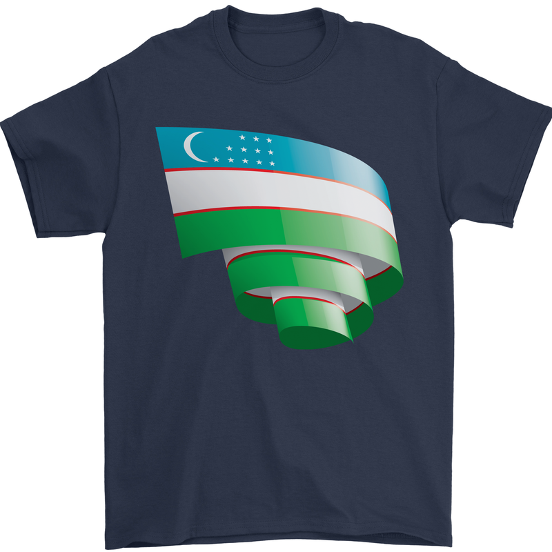 Curled Uzbekistan Flag Ukbek Day Football Mens T-Shirt 100% Cotton Navy Blue