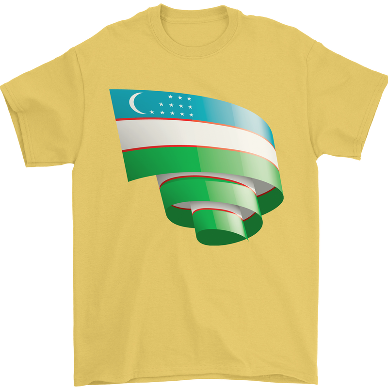 Curled Uzbekistan Flag Ukbek Day Football Mens T-Shirt 100% Cotton Yellow