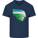 Curled Uzbekistan Flag Ukbek Day Football Mens V-Neck Cotton T-Shirt Navy Blue
