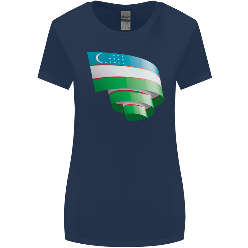 Curled Uzbekistan Flag Ukbek Day Football Womens Wider Cut T-Shirt Navy Blue
