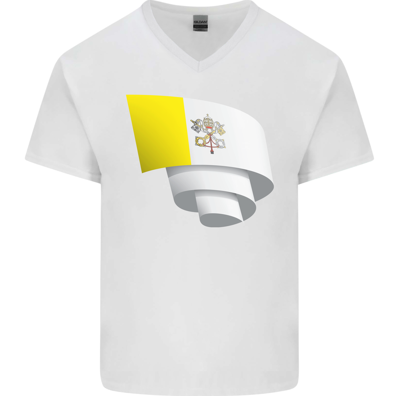 Curled Vatican Flag Mens V-Neck Cotton T-Shirt White