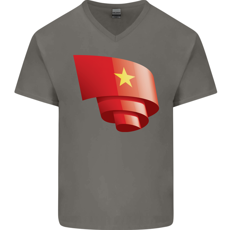 Curled Vietnam Flag Vietnamese Day Football Mens V-Neck Cotton T-Shirt Charcoal