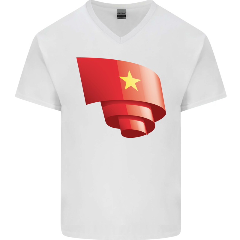 Curled Vietnam Flag Vietnamese Day Football Mens V-Neck Cotton T-Shirt White