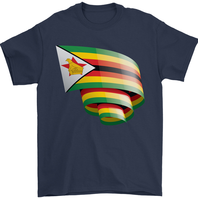 Curled Zimbabwe Flag Zimbabwean Day Football Mens T-Shirt 100% Cotton Navy Blue