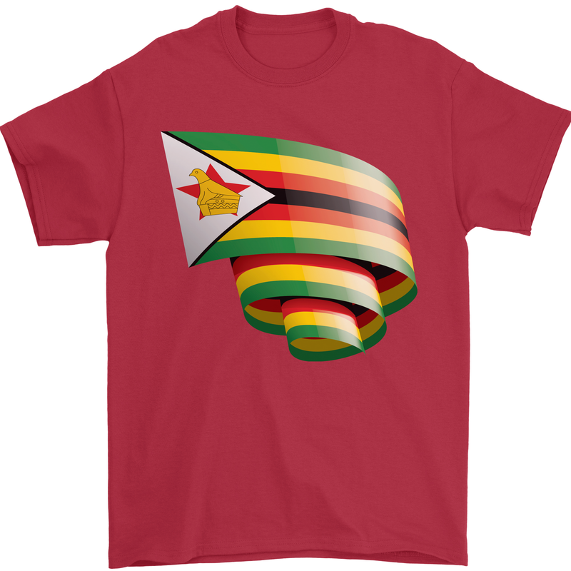 Curled Zimbabwe Flag Zimbabwean Day Football Mens T-Shirt 100% Cotton Red