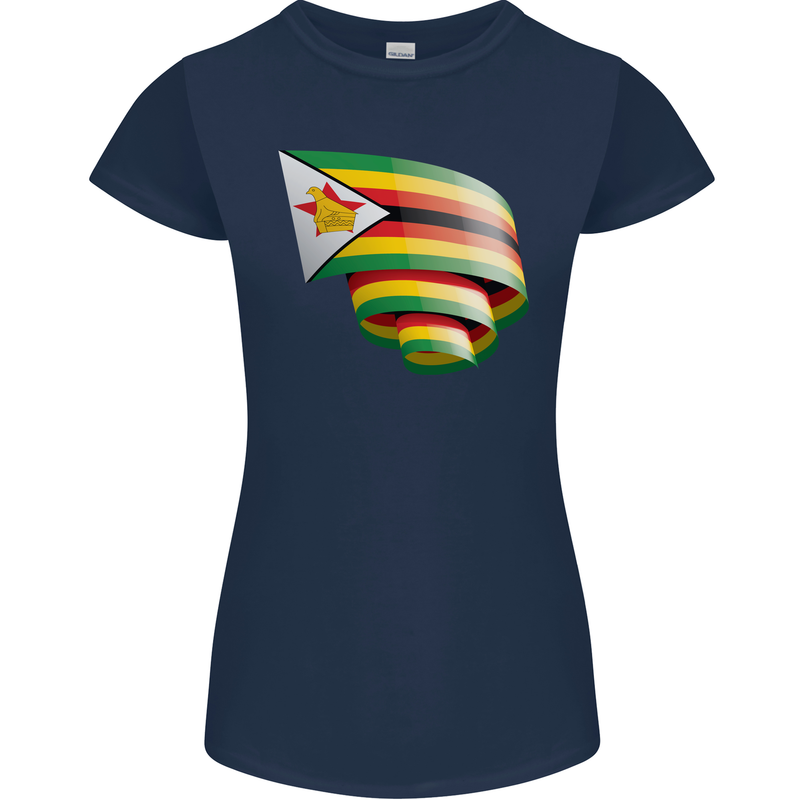 Curled Zimbabwe Flag Zimbabwean Day Football Womens Petite Cut T-Shirt Navy Blue