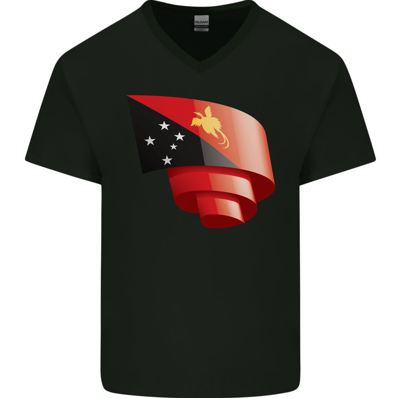 Curled  Papua New Guinea Flag Day Football Mens V-Neck Cotton T-Shirt Black
