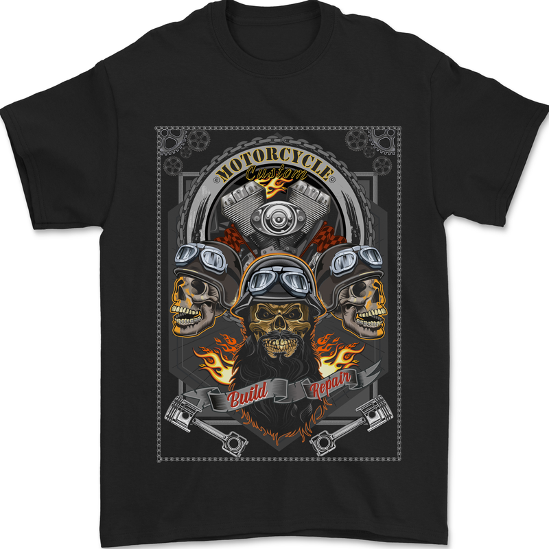 a black t - shirt with a skull and motorcycle gear on it