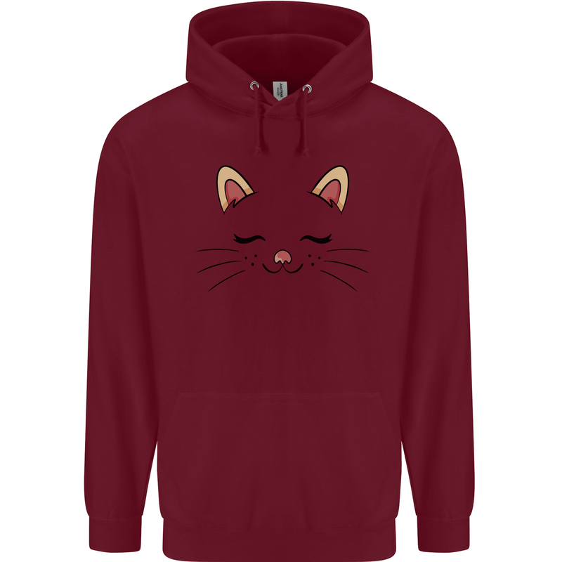 Cute Cat Face Childrens Kids Hoodie Maroon