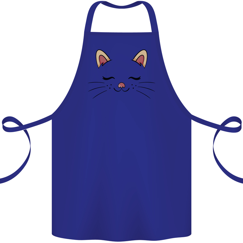Cute Cat Face Cotton Apron 100% Organic Royal Blue