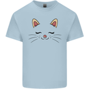 Cute Cat Face Mens Cotton T-Shirt Tee Top Light Blue