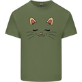 Cute Cat Face Mens Cotton T-Shirt Tee Top Military Green