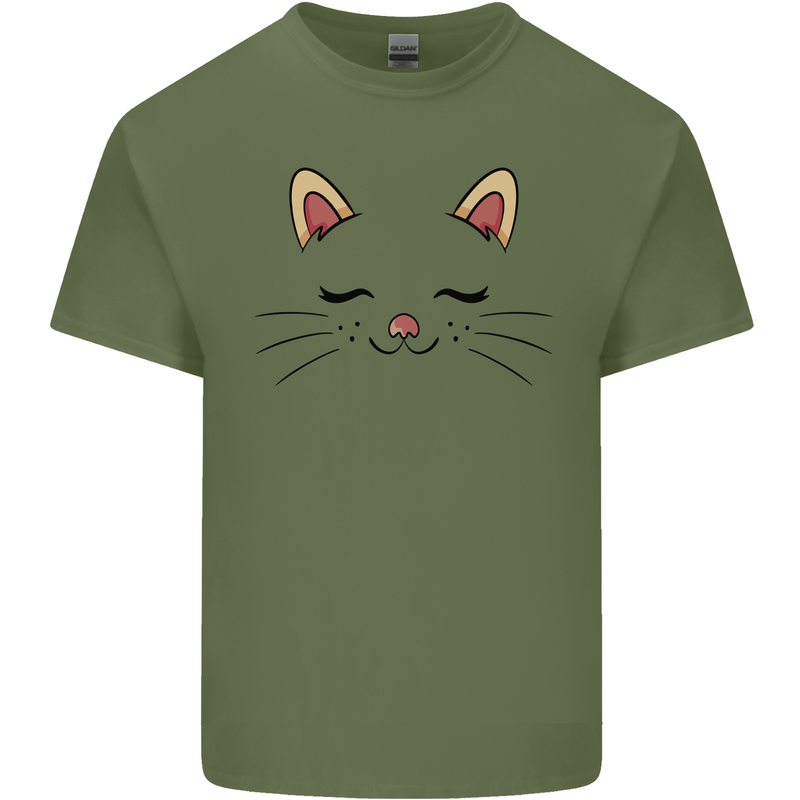 Cute Cat Face Mens Cotton T-Shirt Tee Top Military Green