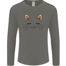 Cute Cat Face Mens Long Sleeve T-Shirt Charcoal