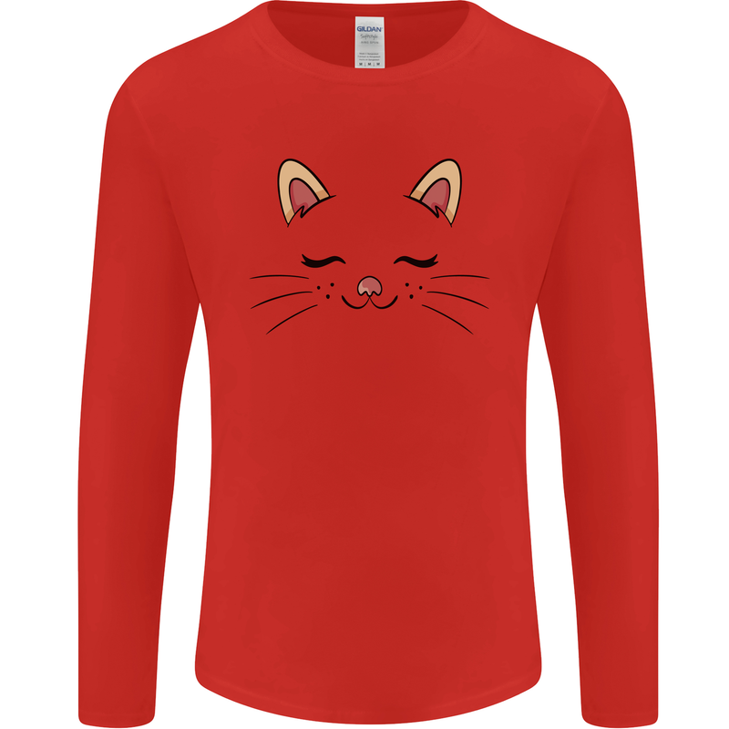 Cute Cat Face Mens Long Sleeve T-Shirt Red