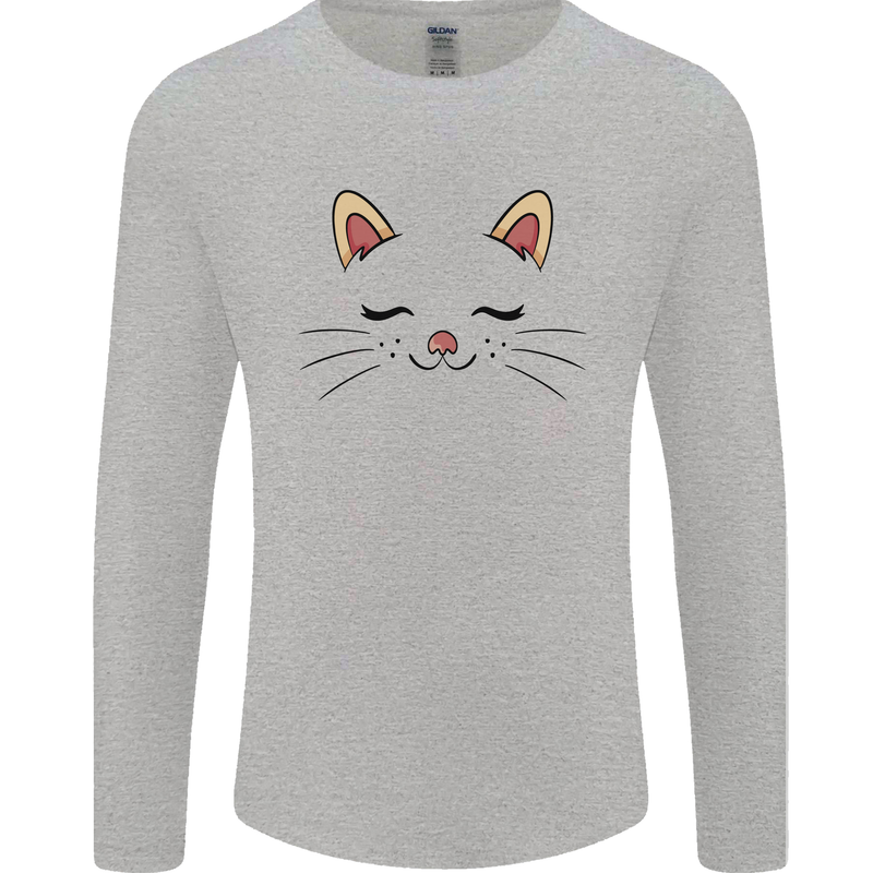 Cute Cat Face Mens Long Sleeve T-Shirt Sports Grey