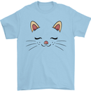 Cute Cat Face Mens T-Shirt 100% Cotton Light Blue