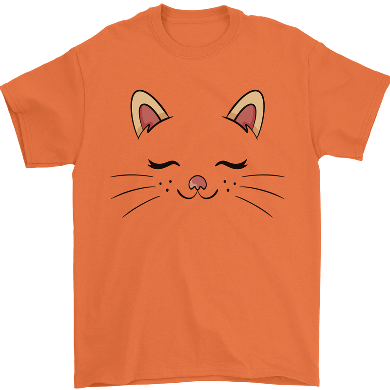 Cute Cat Face Mens T-Shirt 100% Cotton Orange