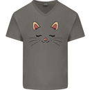Cute Cat Face Mens V-Neck Cotton T-Shirt Charcoal