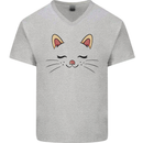 Cute Cat Face Mens V-Neck Cotton T-Shirt Sports Grey
