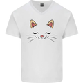 Cute Cat Face Mens V-Neck Cotton T-Shirt White
