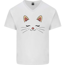 Cute Cat Face Mens V-Neck Cotton T-Shirt White