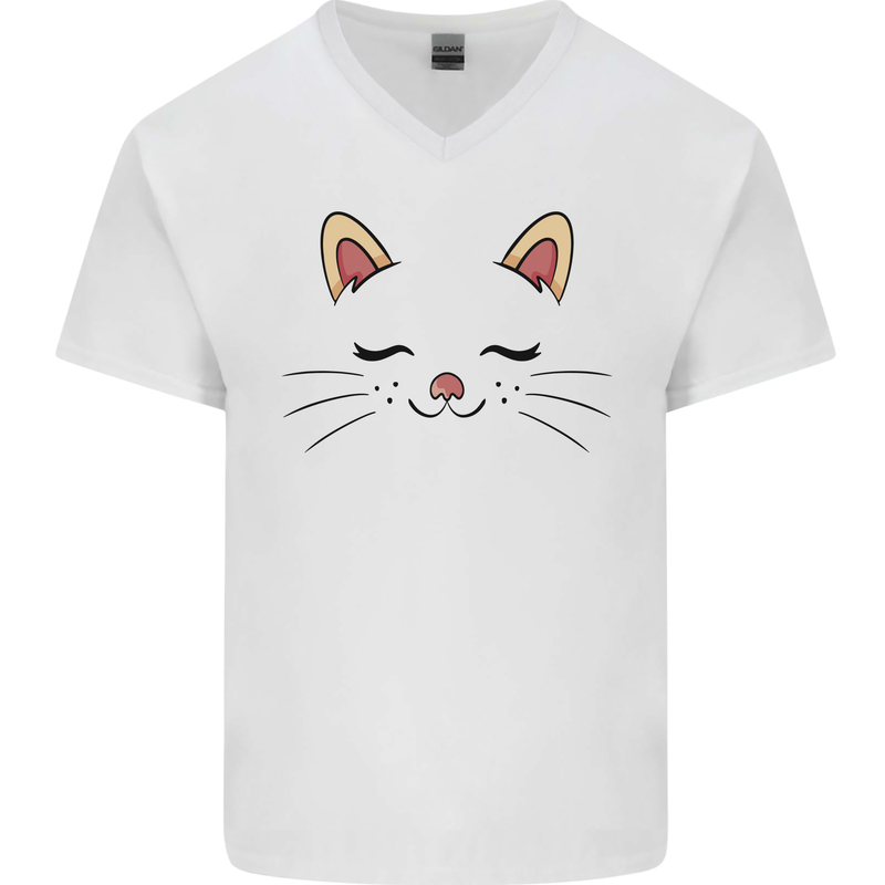 Cute Cat Face Mens V-Neck Cotton T-Shirt White