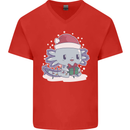 Cute Christmas Axoloti Wearing a Chirstmas Hat Xmas Mens V-Neck Cotton T-Shirt Red