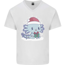 Cute Christmas Axoloti Wearing a Chirstmas Hat Xmas Mens V-Neck Cotton T-Shirt White