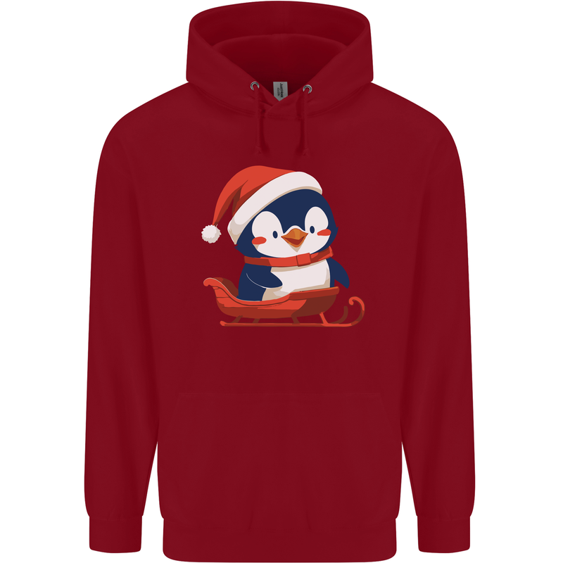 Cute Christmas Penguin & Sledge Funny Xmas Childrens Kids Hoodie Red