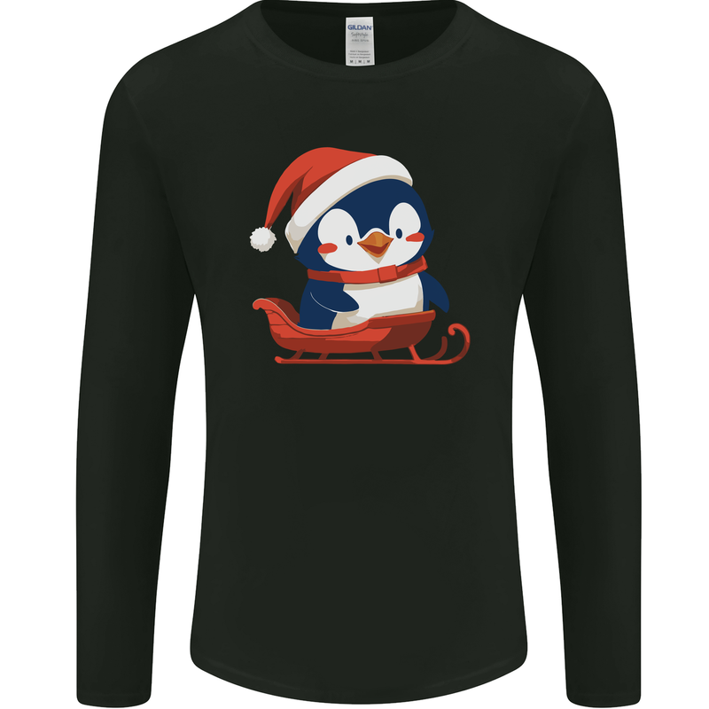 Cute Christmas Penguin & Sledge Funny Xmas Mens Long Sleeve T-Shirt Black