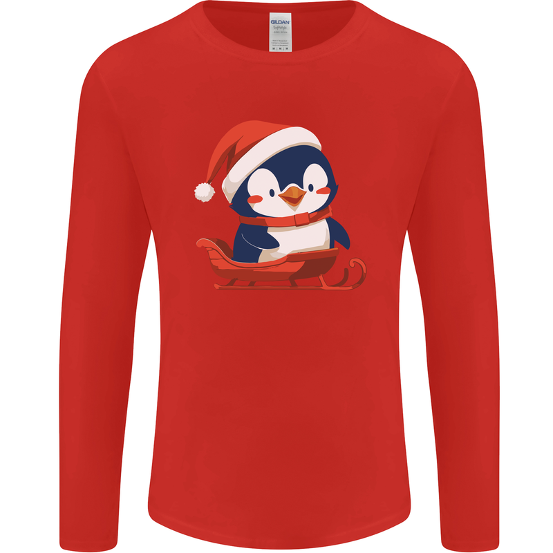 Cute Christmas Penguin & Sledge Funny Xmas Mens Long Sleeve T-Shirt Red