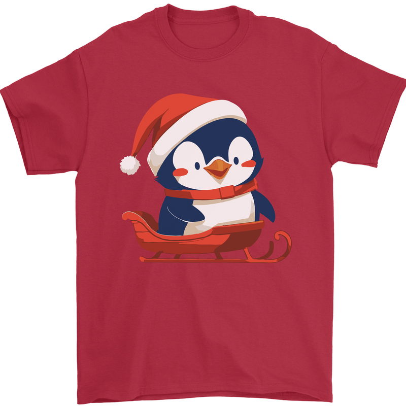 Cute Christmas Penguin & Sledge Funny Xmas Mens T-Shirt 100% Cotton Red
