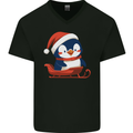 Cute Christmas Penguin & Sledge Funny Xmas Mens V-Neck Cotton T-Shirt Black