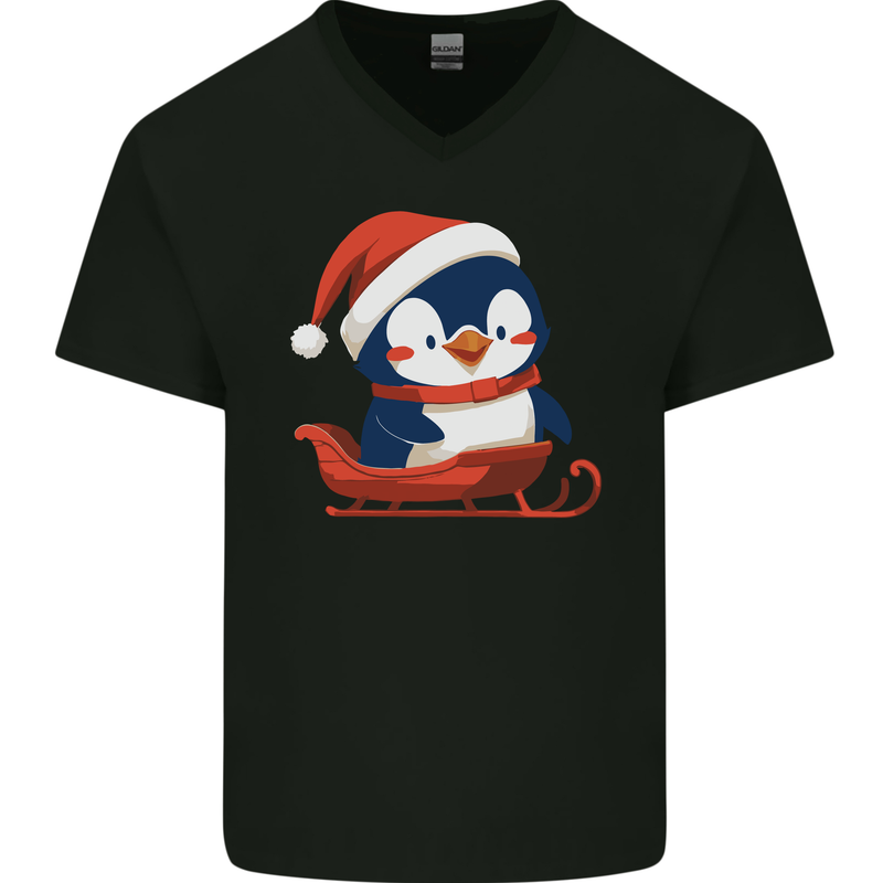 Cute Christmas Penguin & Sledge Funny Xmas Mens V-Neck Cotton T-Shirt Black