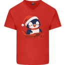 Cute Christmas Penguin & Sledge Funny Xmas Mens V-Neck Cotton T-Shirt Red