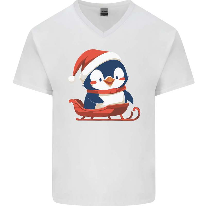 Cute Christmas Penguin & Sledge Funny Xmas Mens V-Neck Cotton T-Shirt White