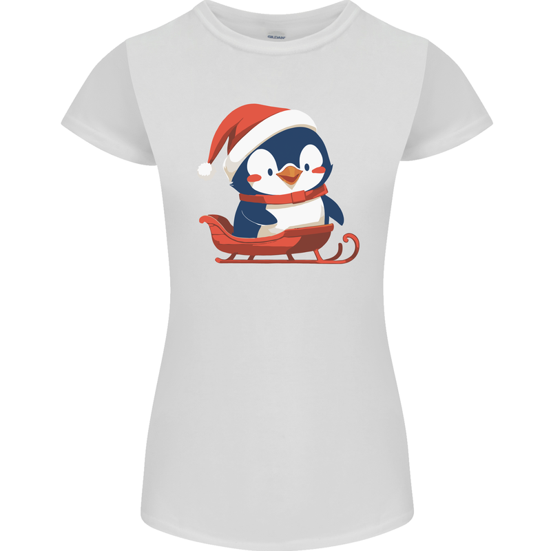 Cute Christmas Penguin & Sledge Funny Xmas Womens Petite Cut T-Shirt White