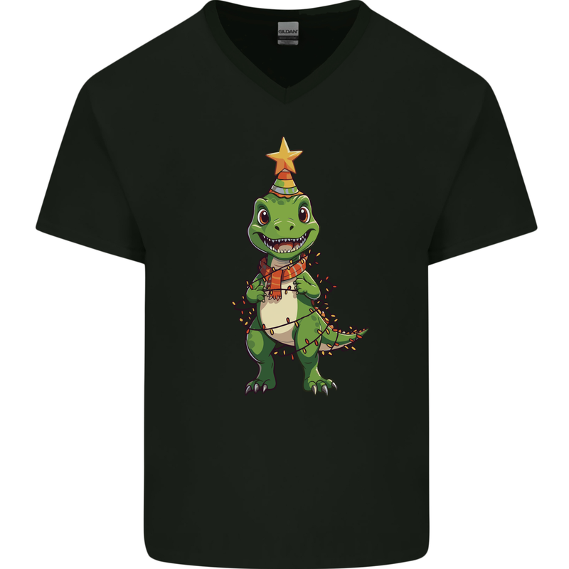 Cute Christmas T-Rex Funny Xmas Dinosaur Mens V-Neck Cotton T-Shirt Black