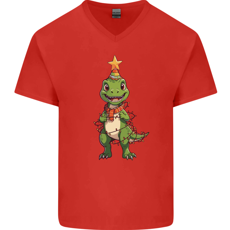 Cute Christmas T-Rex Funny Xmas Dinosaur Mens V-Neck Cotton T-Shirt Red