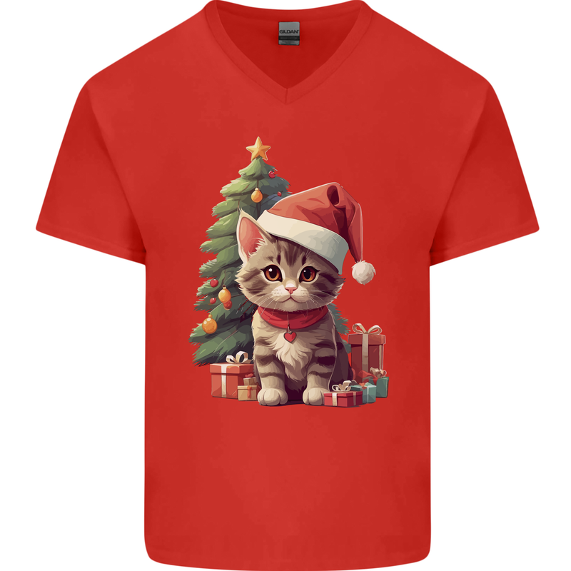 Cute Christmas With Presents and Tree Mens V-Neck Cotton T-Shirt Red