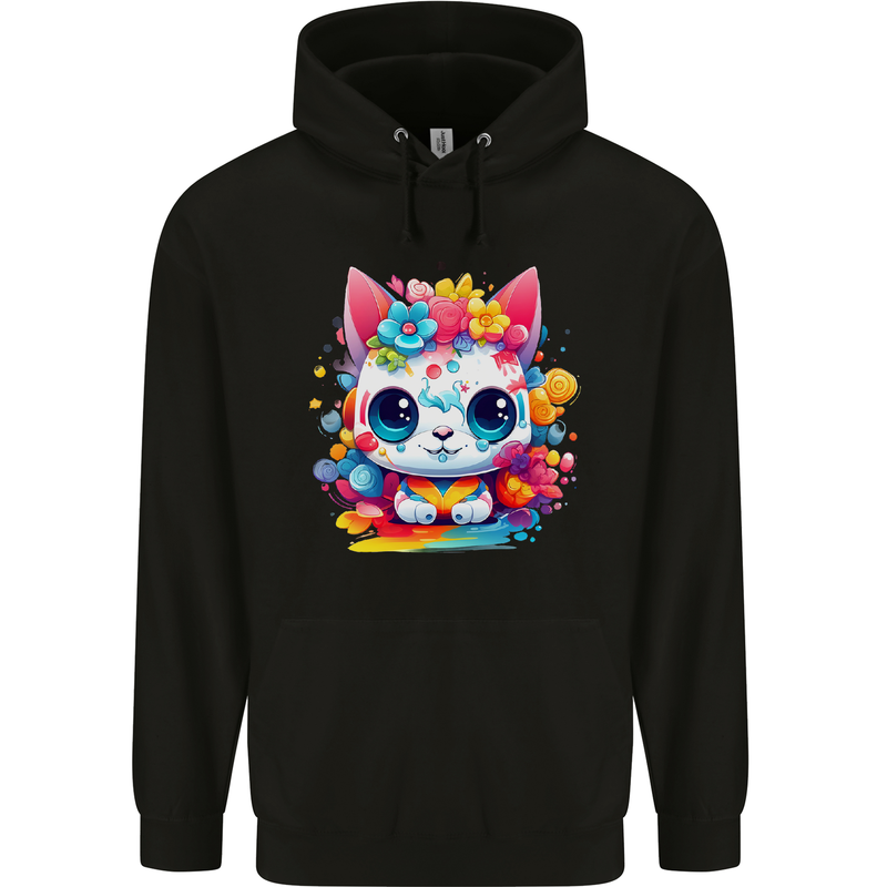Cute Kawaii Cat Mens 80% Cotton Hoodie Black