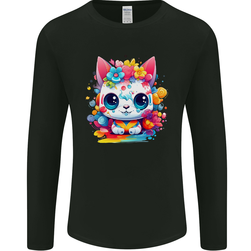 Cute Kawaii Cat Mens Long Sleeve T-Shirt Black