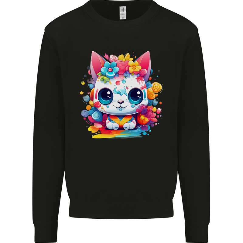 Cute Kawaii Cat Mens Sweatshirt Jumper Black