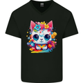 Cute Kawaii Cat Mens V-Neck Cotton T-Shirt Black