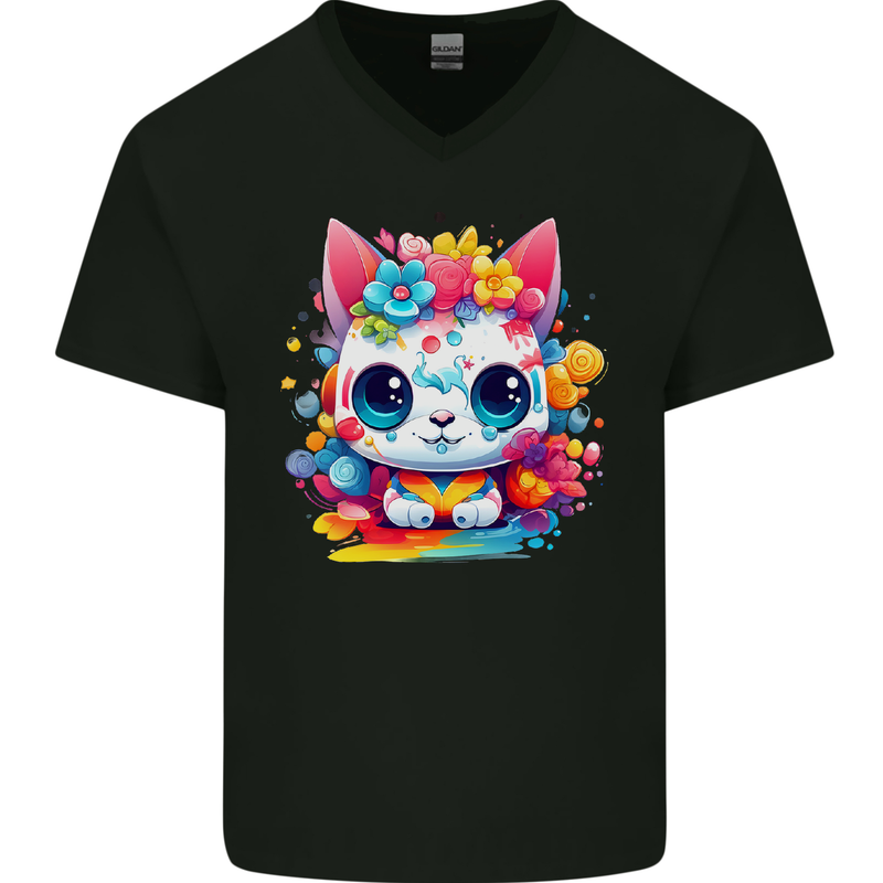 Cute Kawaii Cat Mens V-Neck Cotton T-Shirt Black