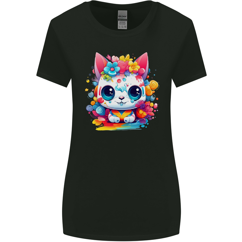 Cute Kawaii Cat Womens Wider Cut T-Shirt Black