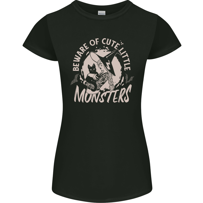 Cute Monsters Funny Halloween Cats & Witch Womens Petite Cut T-Shirt Black